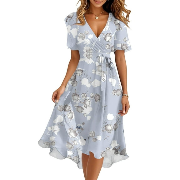 Women's Summer Dress Sexy V Neck Casual Wear To Work Dresses Short Sleeve Smocked Flared Flowy Beach Boho Midi Floral Dress,Light Gray L