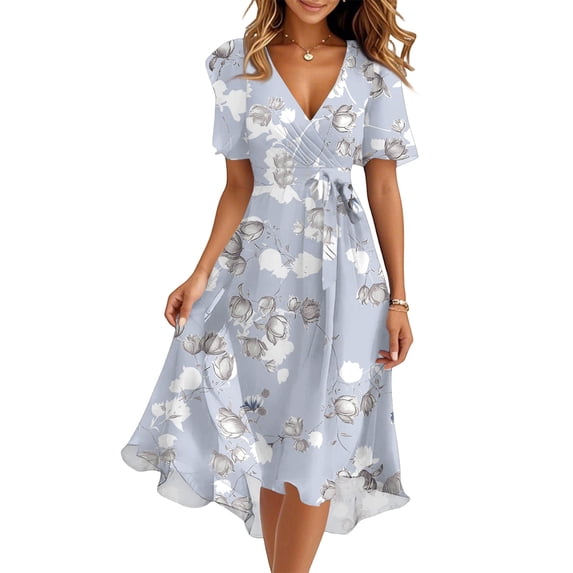 Women's Summer Dress Sexy V Neck Casual Wear To Work Dresses Short Sleeve Smocked Flared Flowy Beach Boho Midi Floral Dress,Light Gray XL