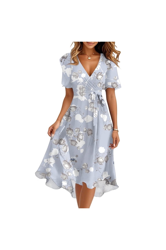 Women's Summer Dress Sexy V Neck Casual Wear To Work Dresses Short Sleeve Smocked Flared Flowy Beach Boho Midi Floral Dress,Light Gray XL