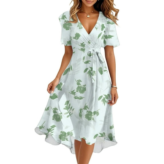 Women's Summer Dress Sexy V Neck Casual Wear To Work Dresses Short Sleeve Smocked Flared Flowy Beach Boho Midi Floral Dress,Mint Green S