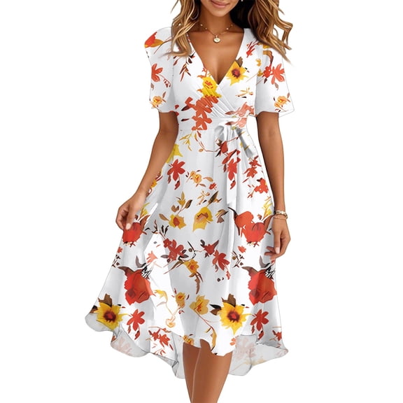 Women's Summer Dress Sexy V Neck Casual Wear To Work Dresses Short Sleeve Smocked Flared Flowy Beach Boho Midi Floral Dress,Orange L