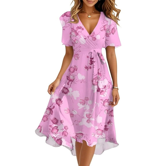 Women's Summer Dress Sexy V Neck Casual Wear To Work Dresses Short Sleeve Smocked Flared Flowy Beach Boho Midi Floral Dress,Pink L