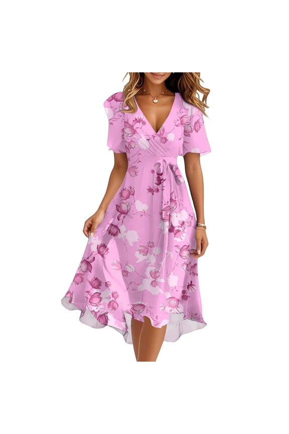 Women's Summer Dress Sexy V Neck Casual Wear To Work Dresses Short Sleeve Smocked Flared Flowy Beach Boho Midi Floral Dress,Pink L