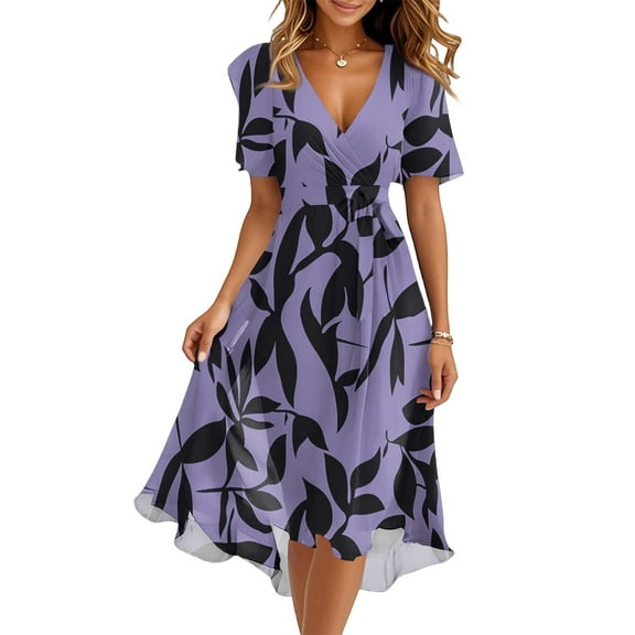Women's Summer Dress Sexy V Neck Casual Wear To Work Dresses Short Sleeve Smocked Flared Flowy Beach Boho Midi Floral Dress,Purple L