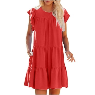 Women’s Summer Dress Short Ruffle Sleeve Round Neck Mini Dress Solid Loose Fit Short Flowy Tiered Babydoll Beach Dress