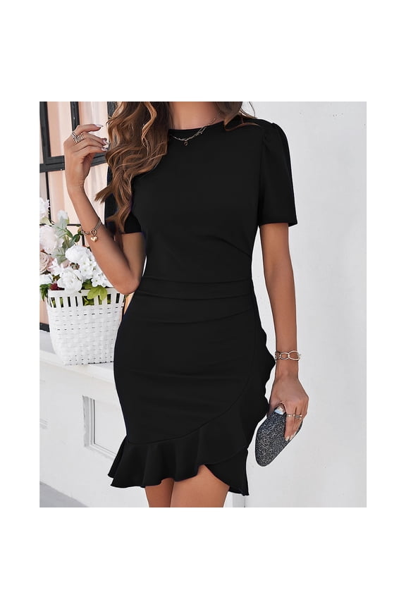 Women's Summer Dress Short Sleeves Bodycon Mini Dress Ruched Puff Sleeve Ruffle Hem Cocktail Party Dress