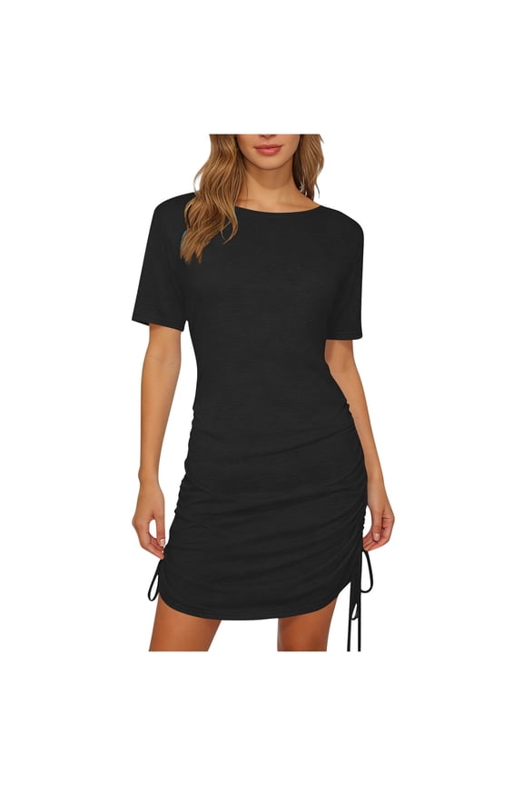 Women's Summer Dress Side Drawstring Slim Fit Short Sleeve Bodycon T Shirt Dress Soft Crew Neck Casual Dresses (3XL, Black)