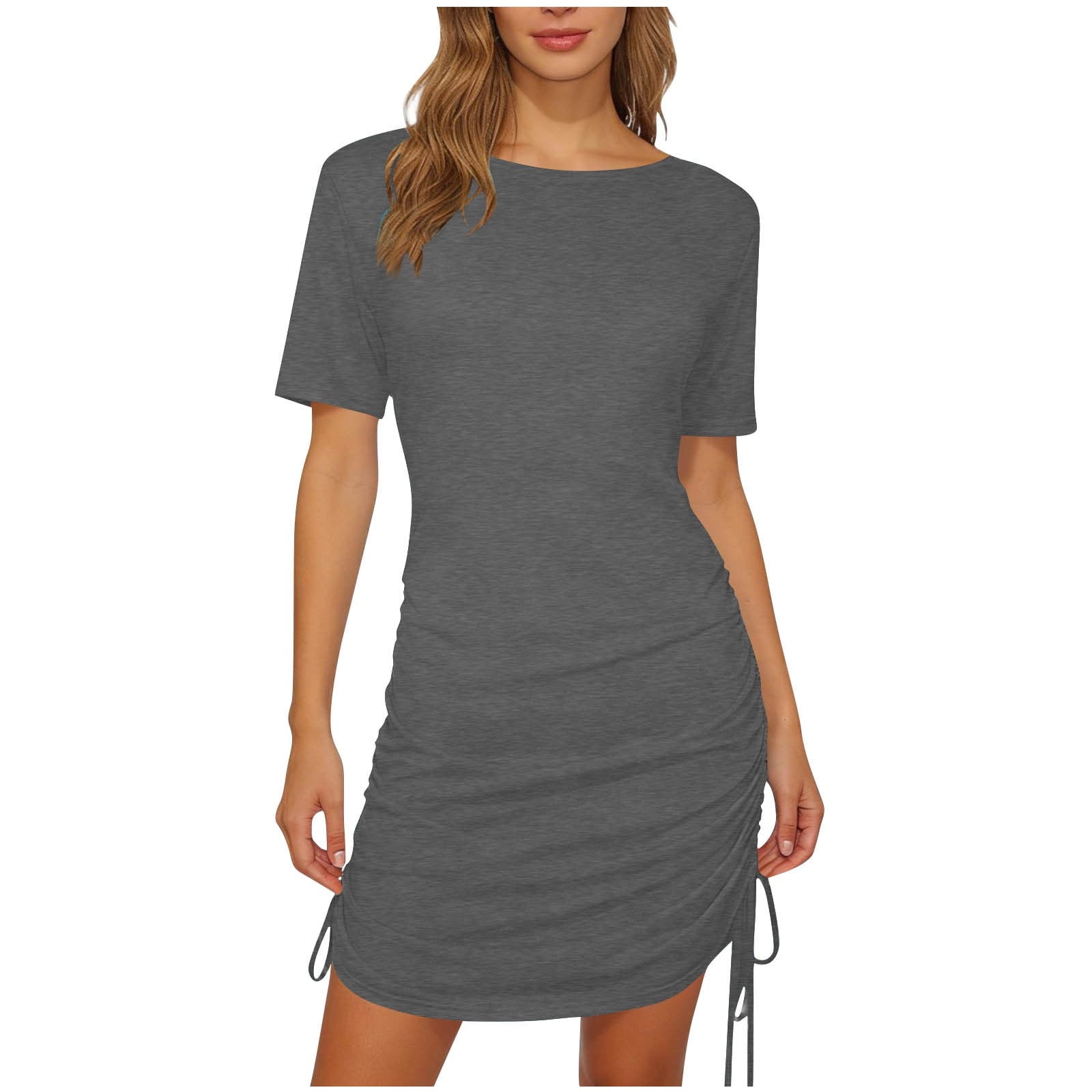 Women's Summer Dress Side Drawstring Slim Fit Short Sleeve Bodycon T Shirt  Dress Soft Crew Neck Casual Dresses (3XL, Gray) - Walmart.com