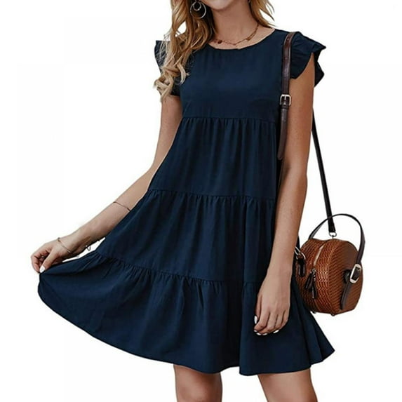 Women’s Summer Dress Sleeveless Ruffle Sleeve Round Neck Mini Dress Loose Fit Short Flowy Pleated Dress