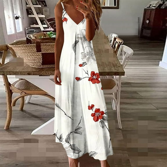 Women's Summer Dress Sleeveless V Neck Floral Print Pleated Maxi Dress with Straps for Beach Resort Seaside Outings Casual Dress