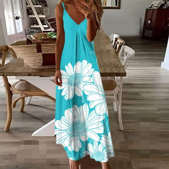 Women's Summer Dress Sleeveless V Neck Floral Print Pleated Maxi Dress with Straps for Beach Resort Seaside Outings Casual Dress