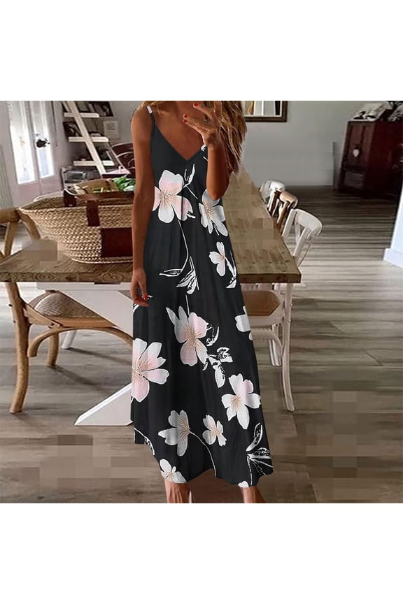 Women's Summer Dress Sleeveless V Neck Floral Print Pleated Maxi Dress with Straps for Beach Resort Seaside Outings Casual Dress