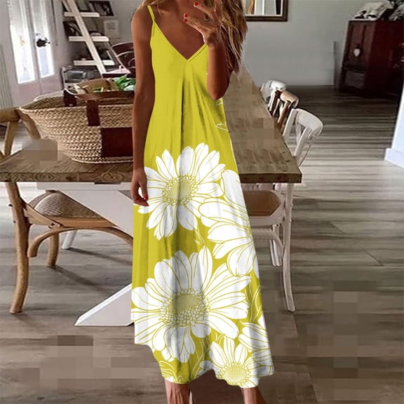 Women's Summer Dress Sleeveless V Neck Floral Print Pleated Maxi Dress with Straps for Beach Resort Seaside Outings Casual Dress