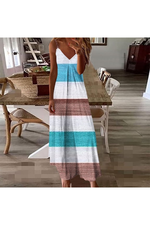 Women's Summer Dress Sleeveless V Neck Stripe Print Pleated Maxi Dress with Straps for Beach Resort Seaside Outings Casual Dress
