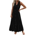 thumbnail image 1 of Women's Summer Dress Solid-Color Casual Cotton Linen V-Neck Ruffled Long Dress Black, 1 of 8