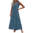 thumbnail image 1 of Women's Summer Dress Solid-Color Casual Cotton Linen V-Neck Ruffled Long Dress Blue, 1 of 8