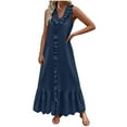thumbnail image 1 of Women's Summer Dress Solid-Color Casual Cotton Linen V-Neck Ruffled Long Dress Navy, 1 of 8