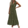 thumbnail image 1 of ZQUUVOU Women's Summer Dress Solid-Color Casual Cotton Linen V-Neck Ruffled Long Dress Olive Green, 1 of 8
