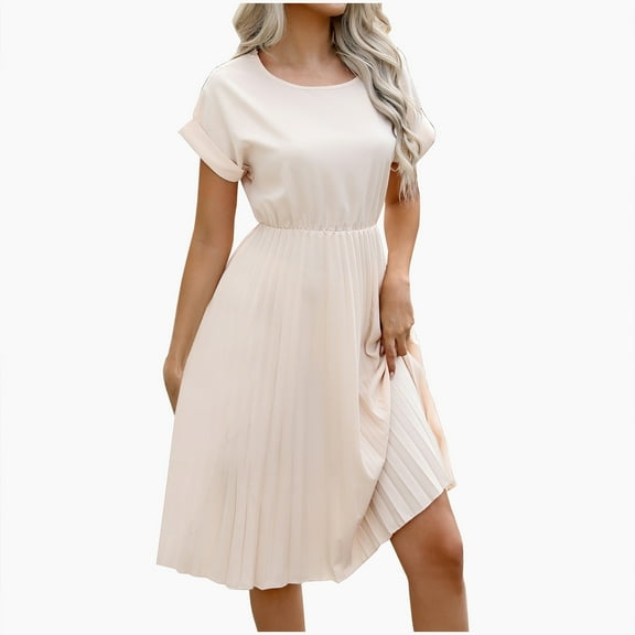 ZQUUVOU Women's Summer Dress Solid Color Pleated Sleeve Waist A-Line Dress Beige