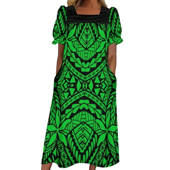 Women's Summer Dress Square Neck Puffed Sleeve Casual Dress Mumu Polynesian Dress Women's Pocket Casual Dress