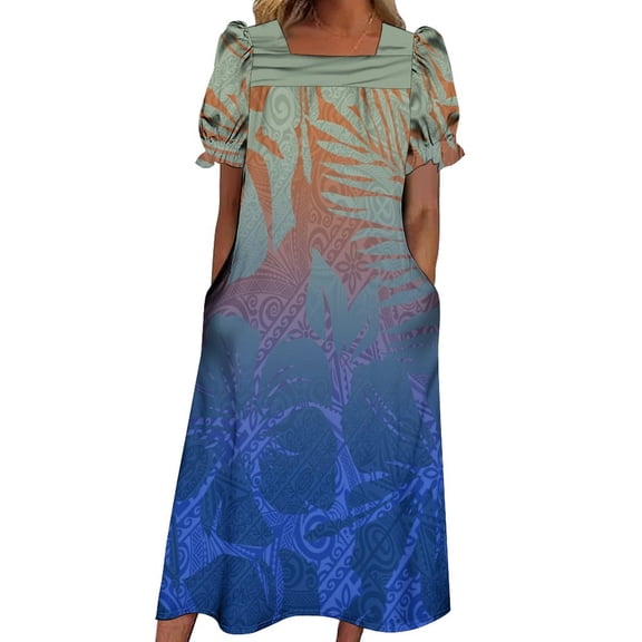 Women's Summer Dress Square Neck Puffed Sleeve Casual Dress Mumu Polynesian Dress Women's Pocket Casual Dress