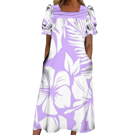 Women's Summer Dress Square Neck Puffed Sleeve Casual Dress Mumu Polynesian Dress Women's Pocket Casual Dress