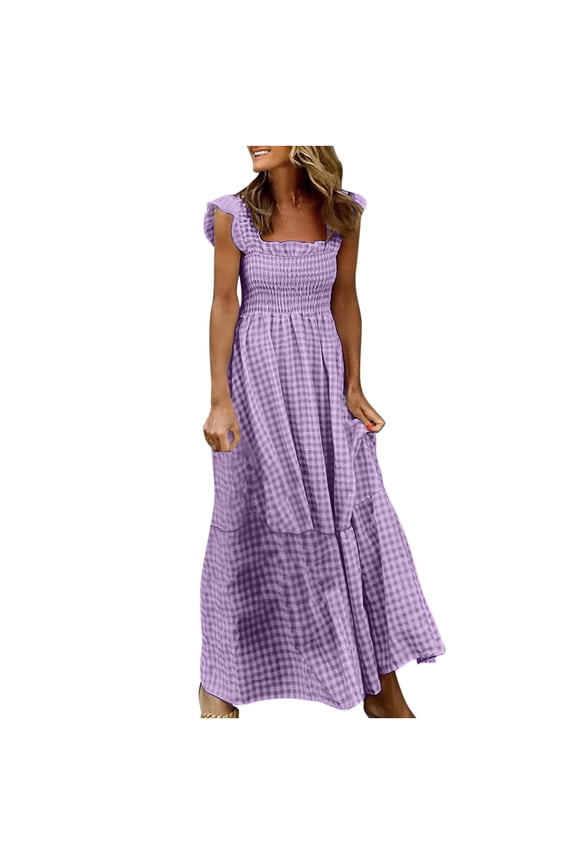 Women's Summer Dress, Square Neck Sleeveless Plaid Print Dress, Casual Stretch Comfort Fit for Outings and Vacation