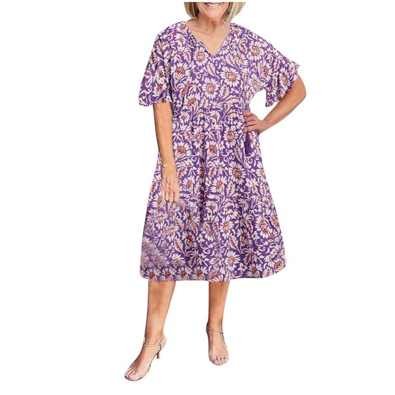 Women's Summer Dress V Neck Short Sleeve Floral Print Loose Flowy Casual Beach Sundress Vacation Dresses