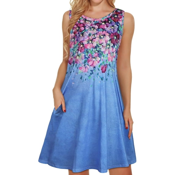 Women's Summer Dresses 2024 Beach Casual Sleeveless Floral Print Tank Loose Sundress with Pocket