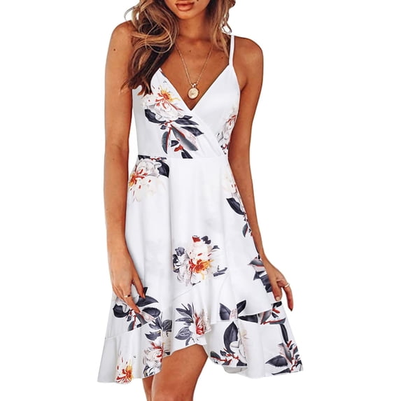 Women's Summer Dresses 2024 Spring Floral V Neck Adjustable Spaghetti Casual Beach Outfits Clothes Flowy Wrap Dress