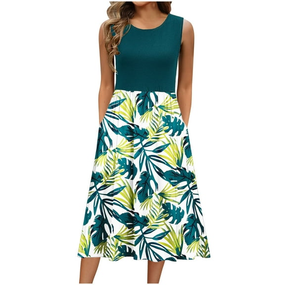 Women's Summer Dresses 2025 Beach Casual Sleeveless Floral Print Boho Tank Dress Crew Neck Loose Sundress Green A XL