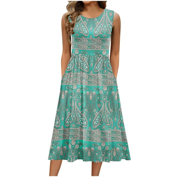 Women's Summer Dresses 2025 Beach Casual Sleeveless Floral Print Boho Tank Dress Crew Neck Loose Sundress Green XL