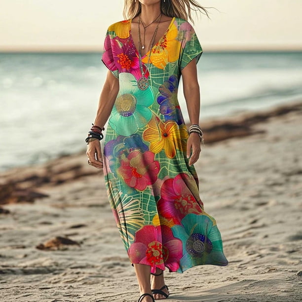 Women's Summer Dresses 2025 Casual Maxi Dress Short Sleeve V Neck Flowy  Sundress Split Loose Long Tshirt Dress Soft Comfy Beach Vacation Sun Dresses  Activewear My Delivery Order for Today Flash -