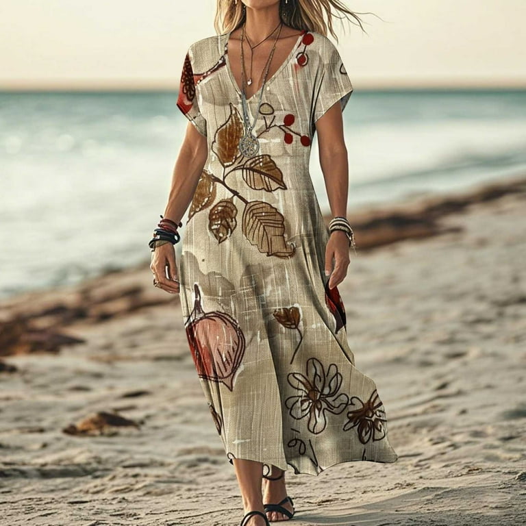Women's Summer Dresses 2025 Casual Maxi Dress Short Sleeve V Neck