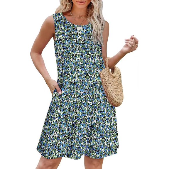 Women's Summer Dresses 2025 Casual Sleeveless Floral Print Tank Loose Sundress with Pocket