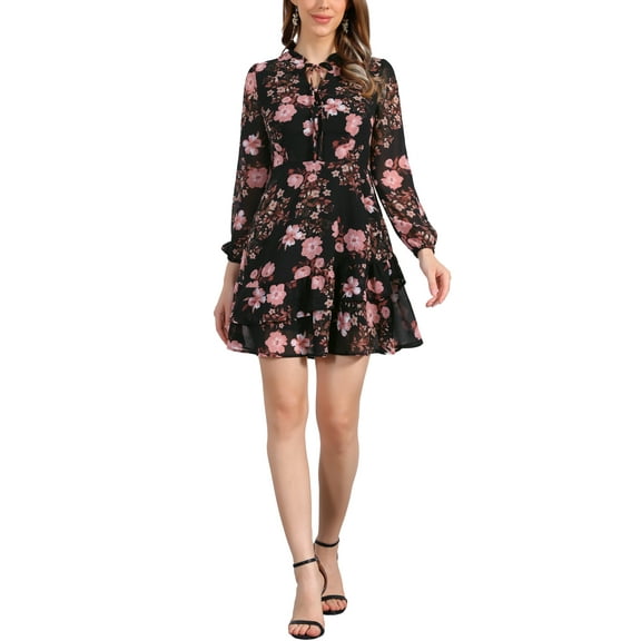 Women's Summer Dresses 2025 Floral Tie V Neck Semi Sheer Long Sleeve Layered Tiered Chiffon Mini Dress M Black