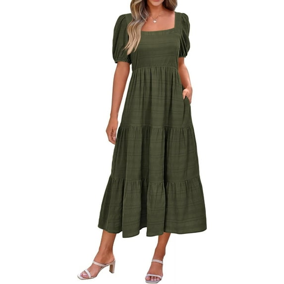 Women's Summer Dresses 2025 Puff Sleeve Square Neck High Waist Smocked A-Line Flowy Loose Fit Midi Dress
