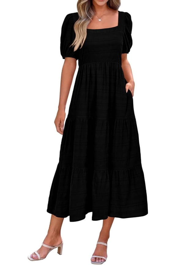 Women's Summer Dresses 2025 Puff Sleeve Square Neck High Waist Smocked A-Line Flowy Loose Fit Midi Dress
