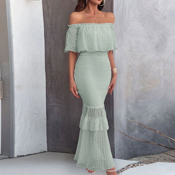 Women's Summer Dresses 2025 Spring And Summer Women's One-line Collar High-waisted Temperament Dress Short-sleeved One-line Shoulder And Ankle Dress Boho Dress Green XL
