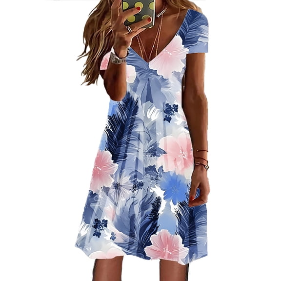 Women's Summer Dresses 2025 V Neck Loose Swing with Pockets Petal Short Sleeve Casual Boho Beach Flowy Womens Casual Trendy Midi Dresses