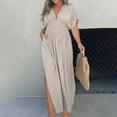 thumbnail image 1 of Women's Summer Dresses 2025 Women Summer Fashion Short Sleeve Vent Round-Neck Casual Dress Boho Dresses for Women Plus Size Beige S, 1 of 6