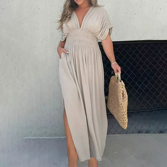 Women's Summer Dresses 2025 Women Summer Fashion Short Sleeve Vent Round-Neck Casual Dress Boho Dresses for Women Plus Size Beige S