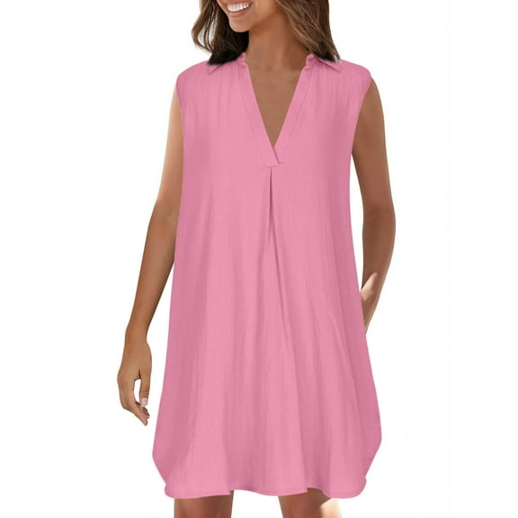 Women's Summer Dresses 2025 Women's Casual European New Shirt with V-Neck Solid Color Beach Sun Protection Dress Sleeveless Knee-Length Dress Relaxed & Stylish for Beach Days & Vacation
