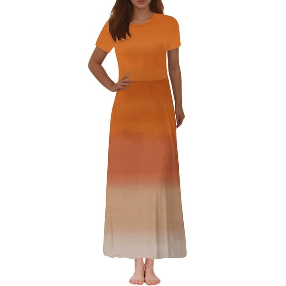 Women's Summer Dresses 2025 Women's Fashion Printed Short Sleeve Round-Neck Ankle Dress Boho Dresses for Women Short Sleeve Orange S