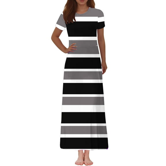 Women's Summer Dresses 2025 Women's Fashion Printed Short Sleeve Round-Neck Ankle Dress Womens Summer Dress Black S