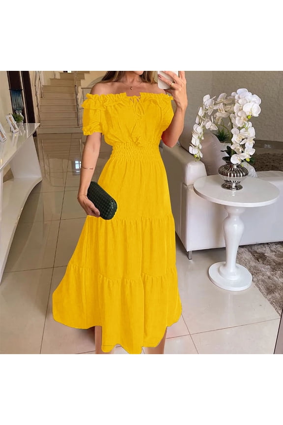 Women's Summer Dresses 2025 Women's Fashion Temperament Peplum One-line Neck Sleeve Dress Short Sleeve One-Line Shoulder Ankle-Length Dress Boho Dresses for Women Short Sleeve Yellow M