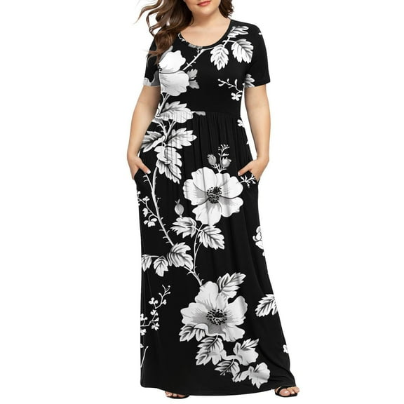 Women's Summer Dresses 2025 Women's Plus Printed Casual Short Sleeve Round Neck Pleated Pocket And Ankle Dress Summer Dresses for Women Multicolor XL