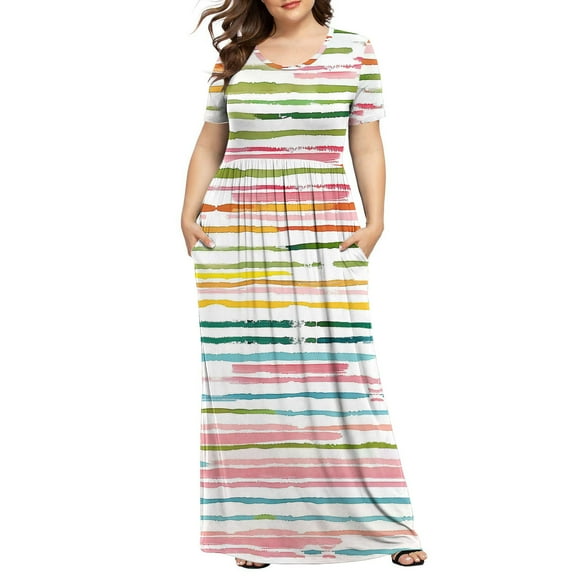 Women's Summer Dresses 2025 Women's Plus Printed Casual Short Sleeve Round Neck Pleated Pocket And Ankle Dress Womens Summer Dresses Multicolor XL
