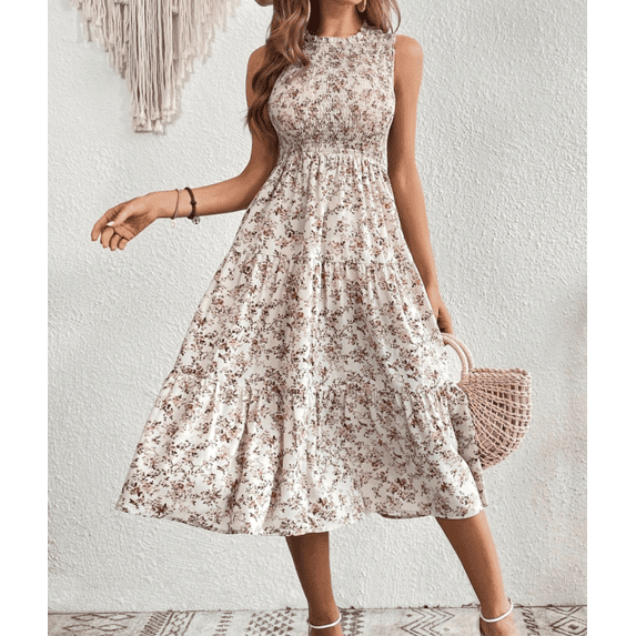 Women's Summer Dresses 2025 Wrap Ruffle Crew Neck Sleeveless Floral Midi Flowy Dress