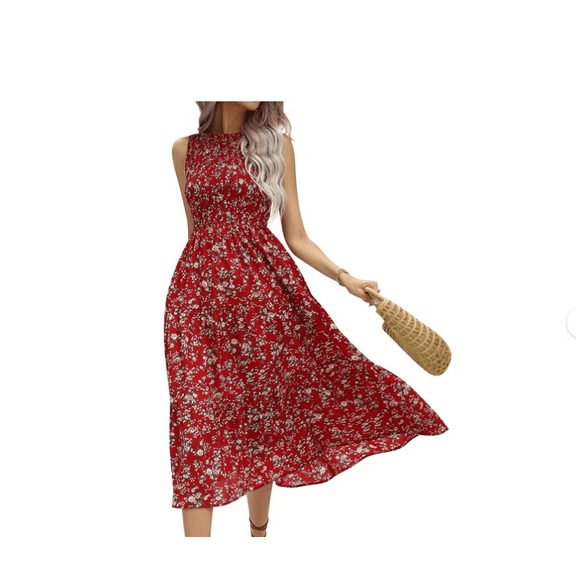 Women's Summer Dresses 2025 Wrap Ruffle Crew Neck Sleeveless Floral Midi Flowy Dress